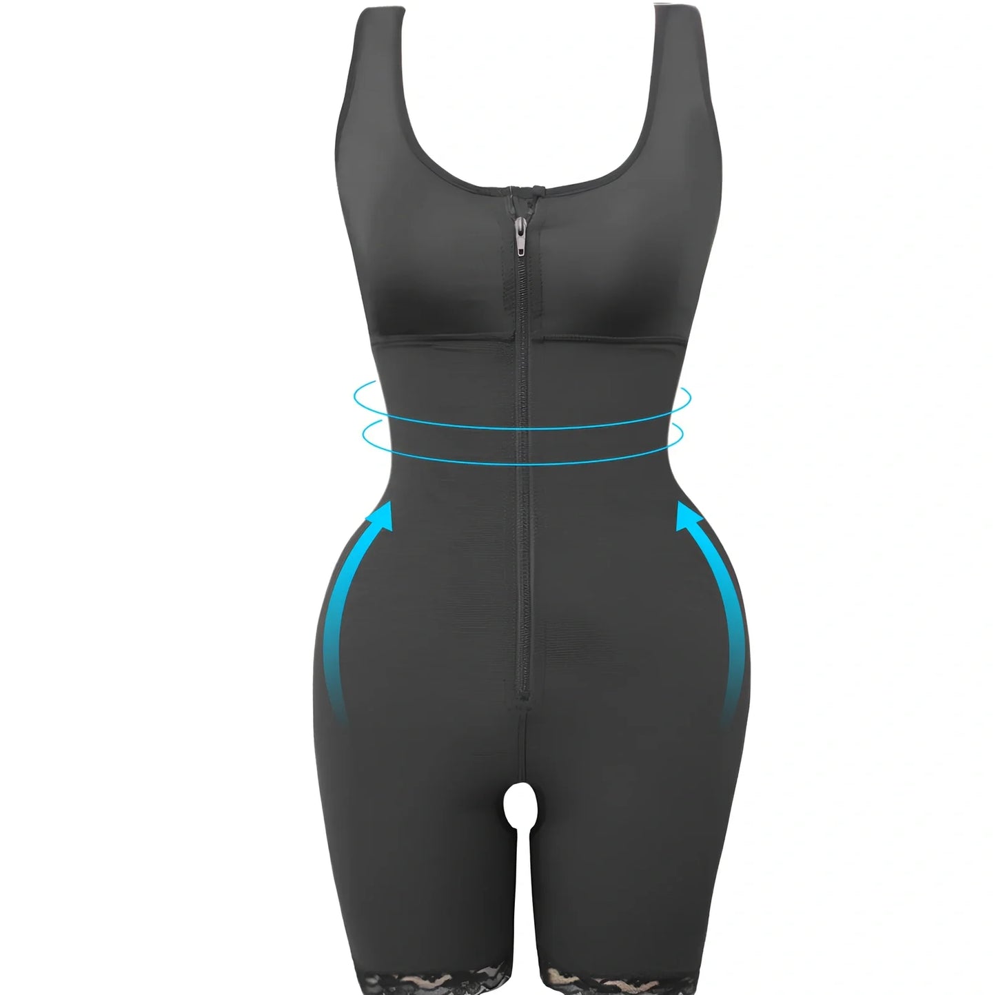 Women's black polyester zipper slimming bodysuit shapewear, high-waist design for torso compression, sizes S-6XL