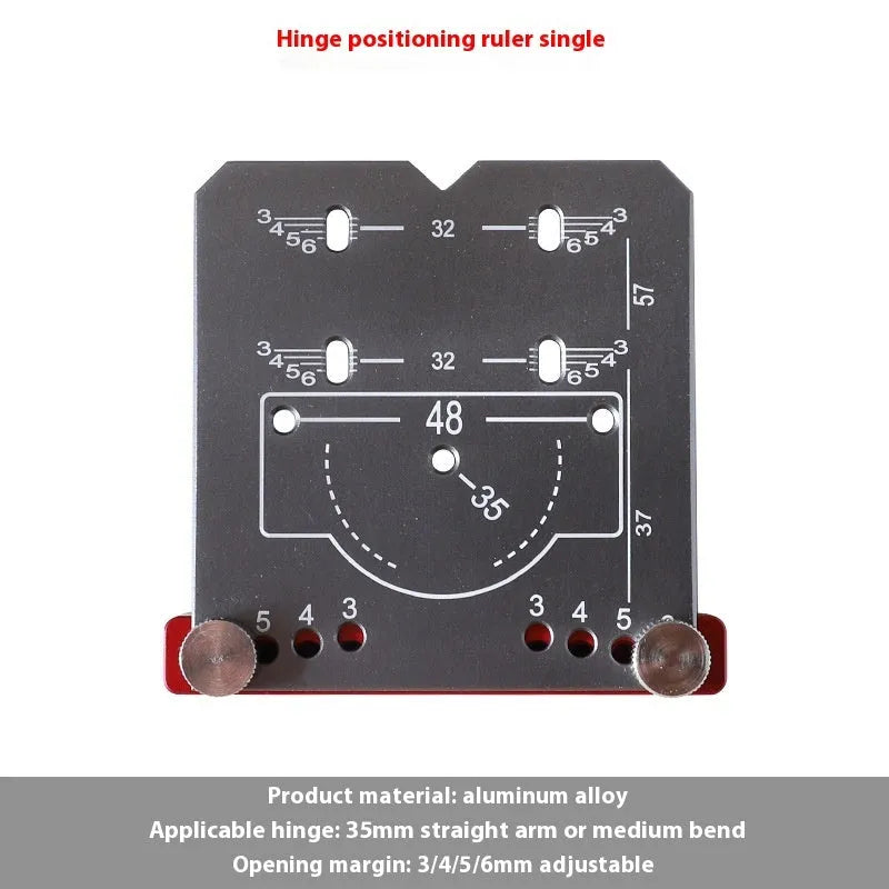 Red aluminium hinge locating ruler tool with adjustable gauge and hard alloy tapper blade for 35mm cabinet hinges.