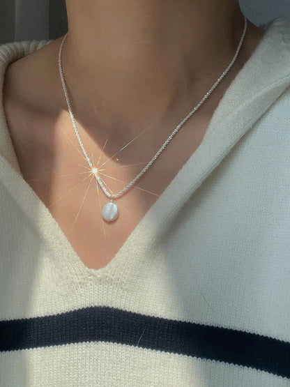 S925 Sterling Silver Baroque Pearl Necklace with starry sky chain design