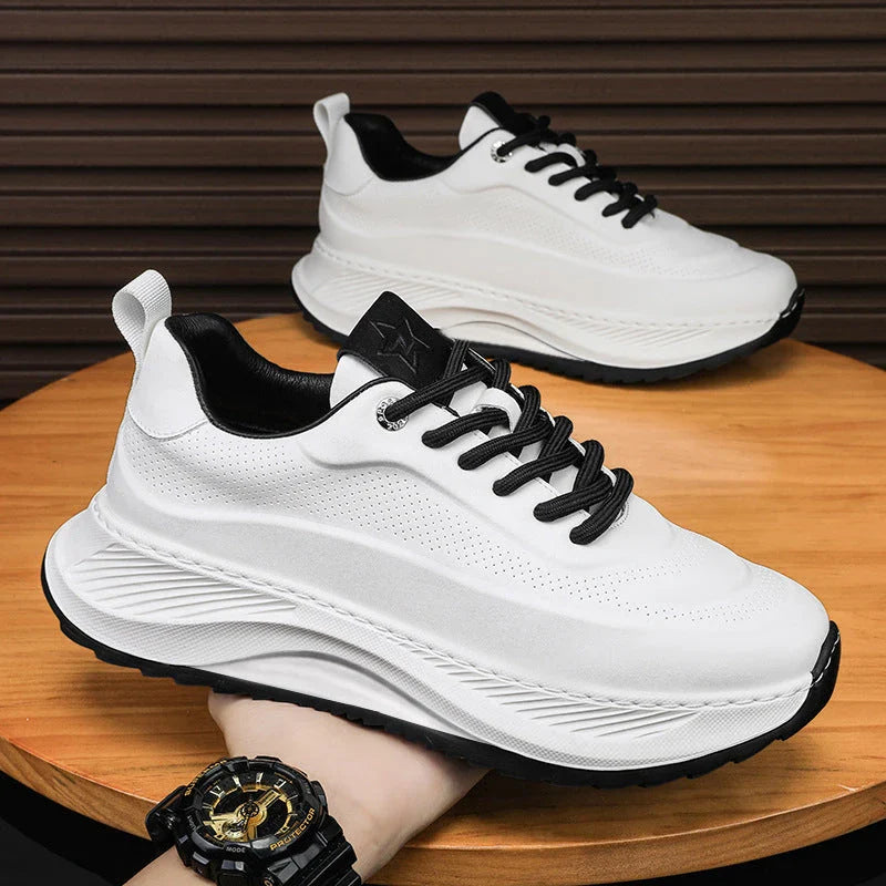 Stylish elevated sports sneakers for men with microfiber upper, PVC sole, and lace-up closure in black, beige, and beige black colors