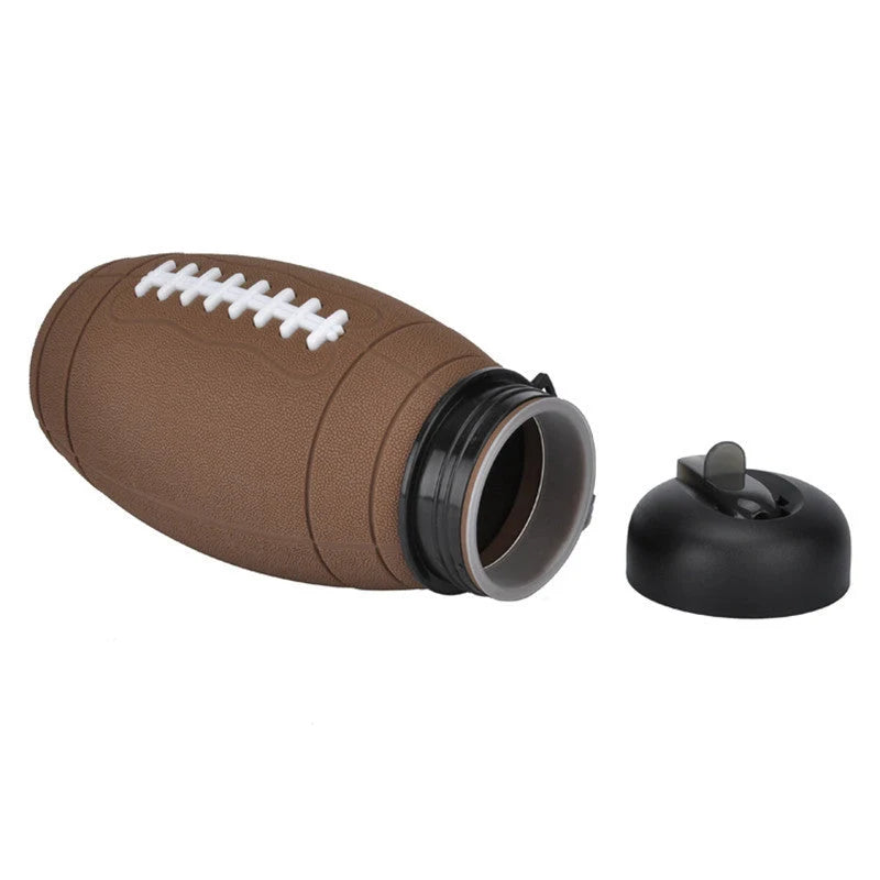 Brown rugby-shaped collapsible water bottle with leak-proof seal