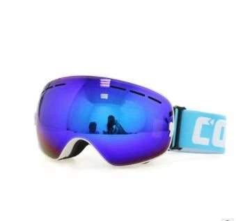 Premium ski goggles with wide spherical lens, anti-fog coating, and adjustable strap for winter sports activities