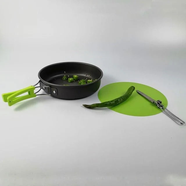 Lightweight folding outdoor cookware set including pot, pan, teapot, and tableware for camping and hiking