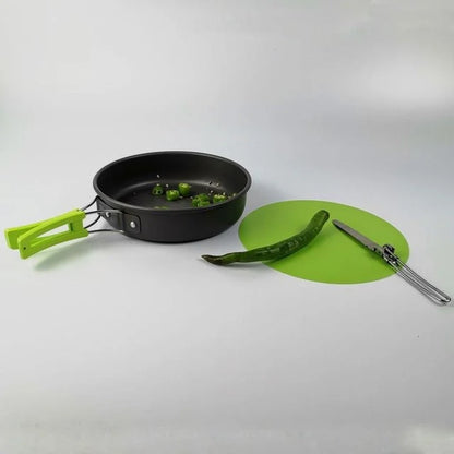 Lightweight folding outdoor cookware set including pot, pan, teapot, and tableware for camping and hiking
