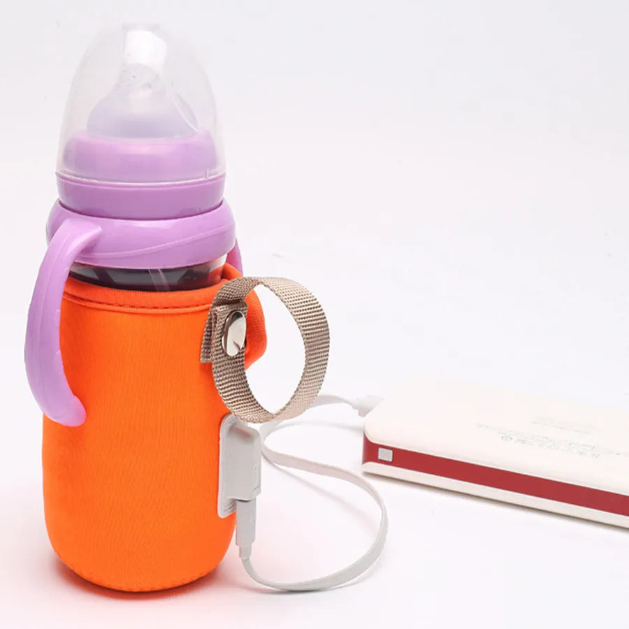 USB baby bottle warmer with cotton sleeve in orange or blue, showing dimensions of 6.5 cm by 10 cm