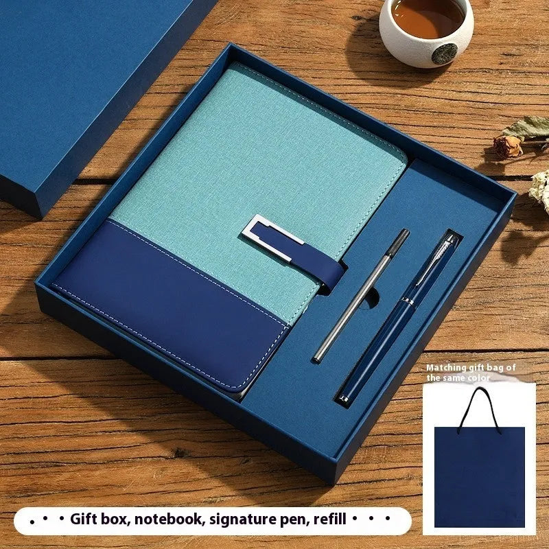 A5 soft PU leather business notebook in choice of five colours, shown with wood-free paper pages and optional gift box.