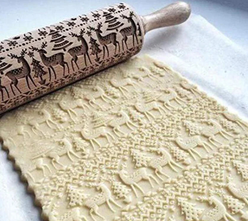 Wooden Christmas embossing rolling pin with non-stick surface for festive baking