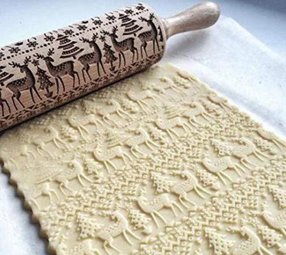 Wooden Christmas embossing rolling pin with non-stick surface for festive baking