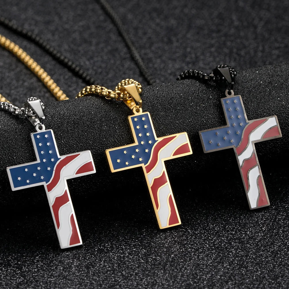 Men's stainless steel flag cross necklace in Black, Gold, and Silver options