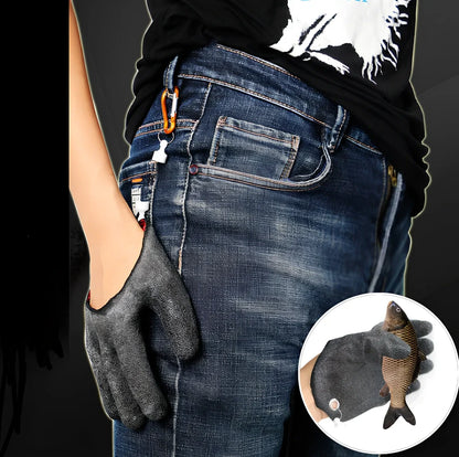 Purple anti-slip fishing gloves with latex coating and magnetic clip for puncture protection in left or right hand, 25cm length