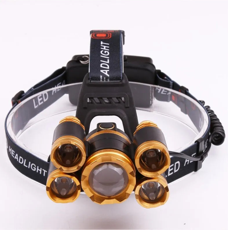 Gold aluminium LED head torch with adjustable focus, shown on a head strap with 18650 batteries.
