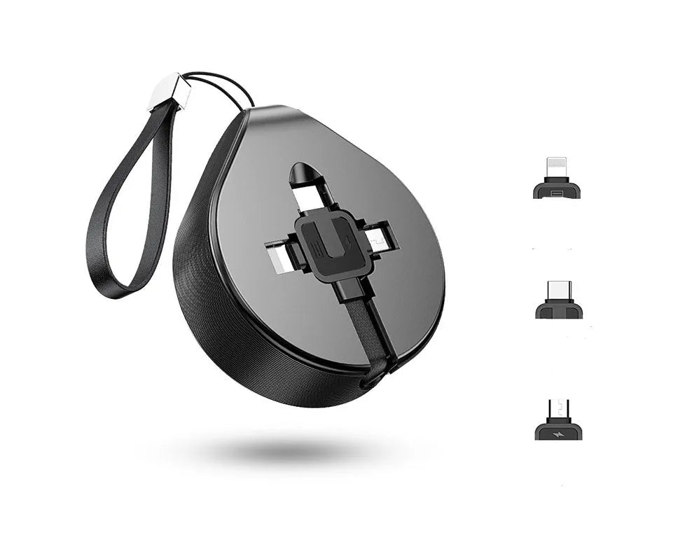Telescopic three-in-one fast charging data cable shown extended to 1 metre length with three connector types visible