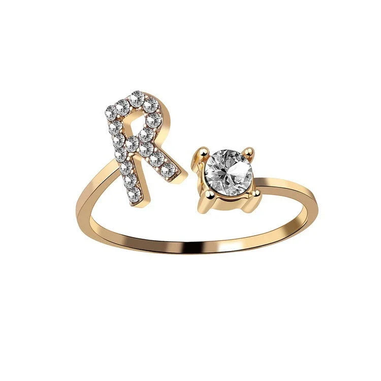 Elegant 26-letter adjustable initial ring in gold, silver, and rose gold finishes