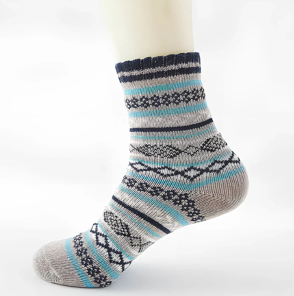 Pack of 5 thick stripe wool blend socks in various colours, featuring 15% rabbit hair for winter warmth, fitting sizes 39-42