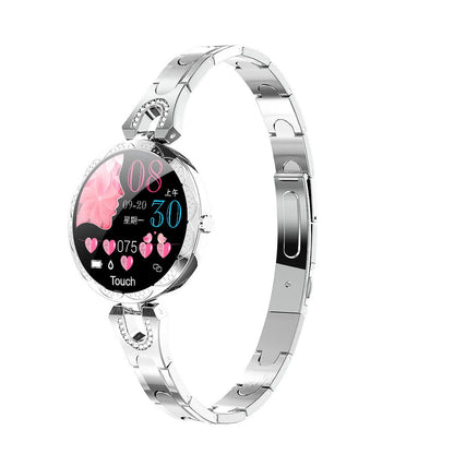 Women's waterproof smartwatch with heart rate monitor and stainless steel strap