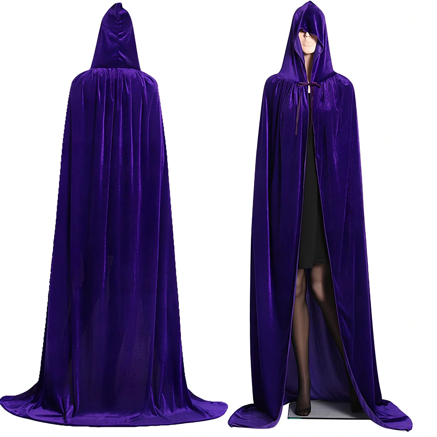Golden velvet Halloween cloak in purple, 130 cm length with 48 cm hood and neck tie for wizard cosplay