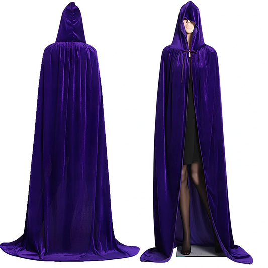 Golden velvet Halloween cloak in purple, 130 cm length with 48 cm hood and neck tie for wizard cosplay