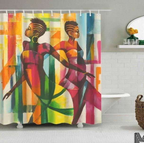 Colorful African girl portrait with graffiti art and modern buildings on a shower curtain