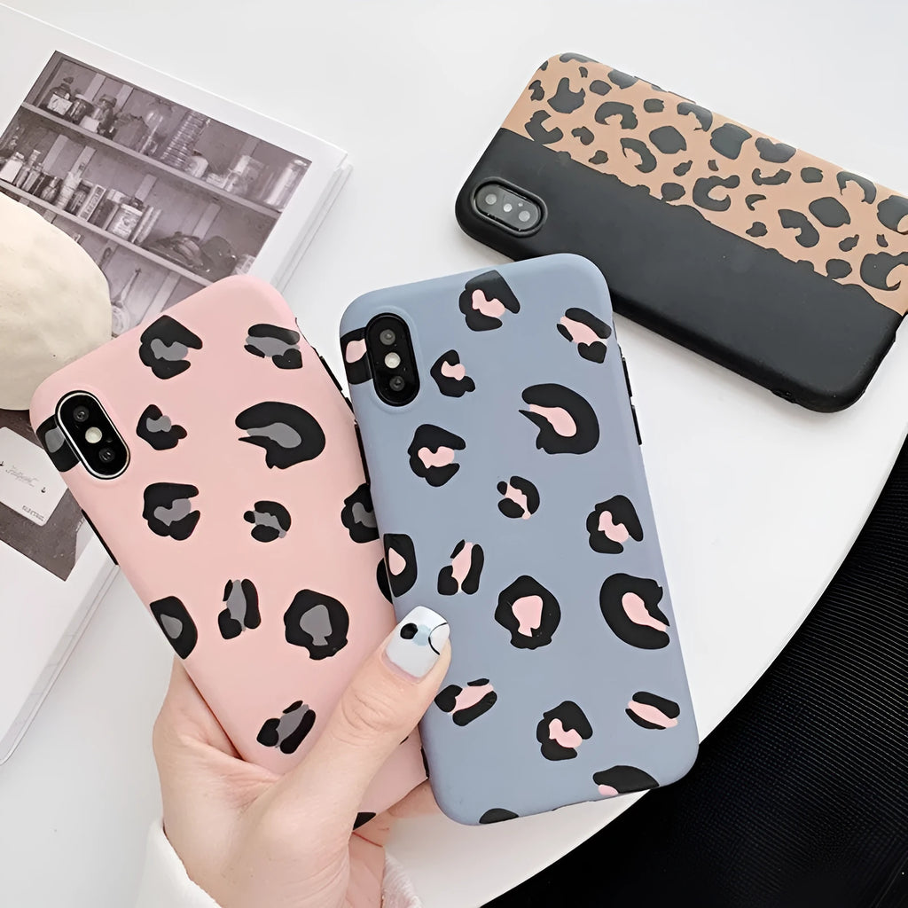 Leopard print iPhone phone case shown in black, blue, and pink colour options.