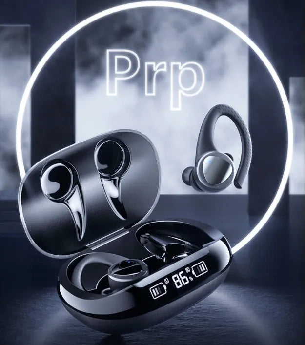 Black and silver true wireless Bluetooth in-ear headphones with charging case.