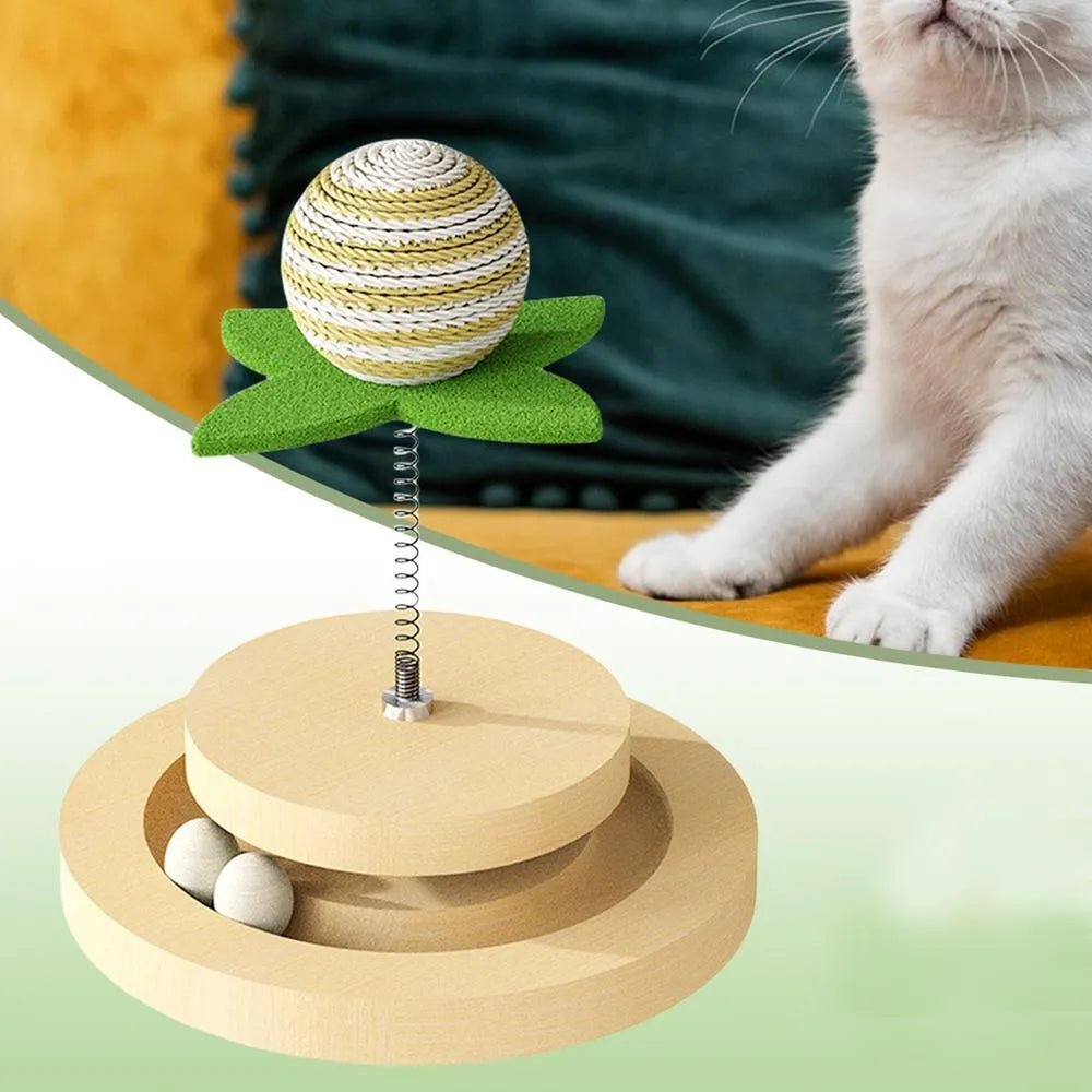 Green sisal cat scratching pad with interactive ball track and springs for indoor feline play