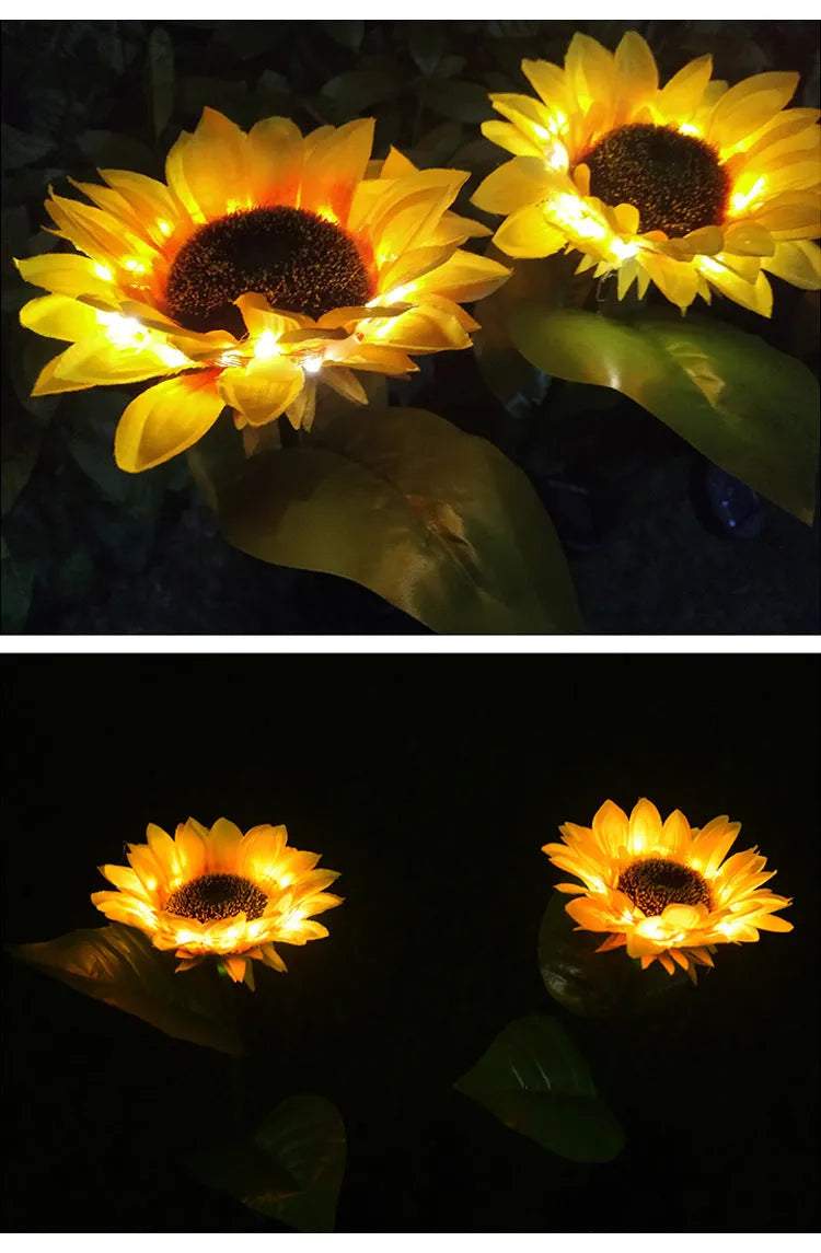 Yellow LED solar sunflower lamp on a lawn with a 66cm stem and 15cm flower head