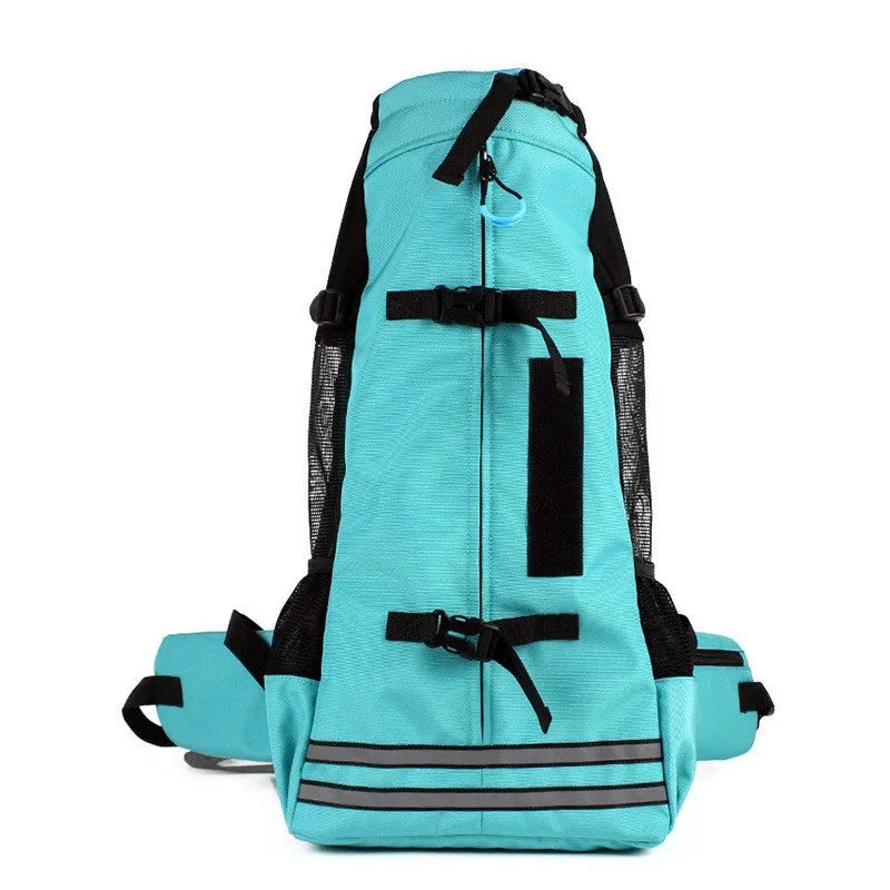 Medium dog backpack carrier in black with expandable design, made from 600D Oxford cloth, side view