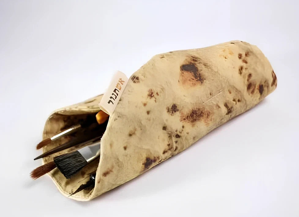Burrito roll simulation pencil case in fabric, 22 cm size, unrolled showing pencil storage space