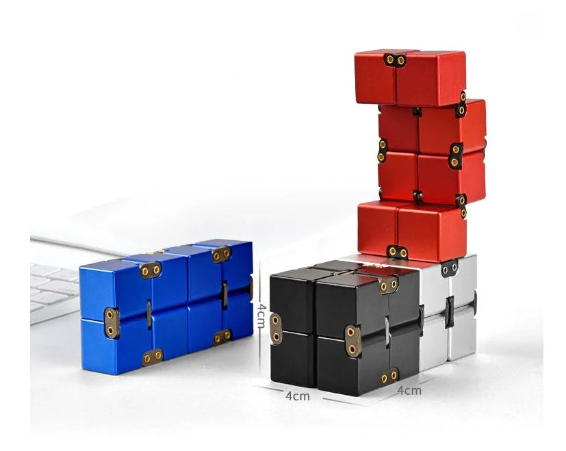 Infinity Cube Educational Toy in zinc alloy, available in multiple colours for focus enhancement and stress relief.