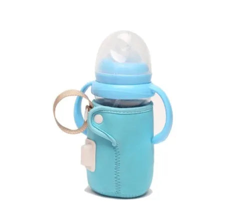 USB baby bottle warmer with cotton sleeve in orange or blue, showing dimensions of 6.5 cm by 10 cm