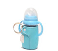 USB baby bottle warmer with cotton sleeve in orange or blue, showing dimensions of 6.5 cm by 10 cm