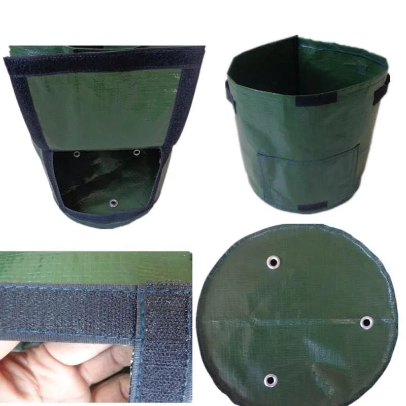 Dark green PE cloth garden planting bag with side windows and double handles on a balcony