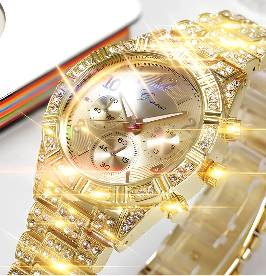 Women's gold crystal quartz analog watch with 38mm stainless steel dial and 22cm band