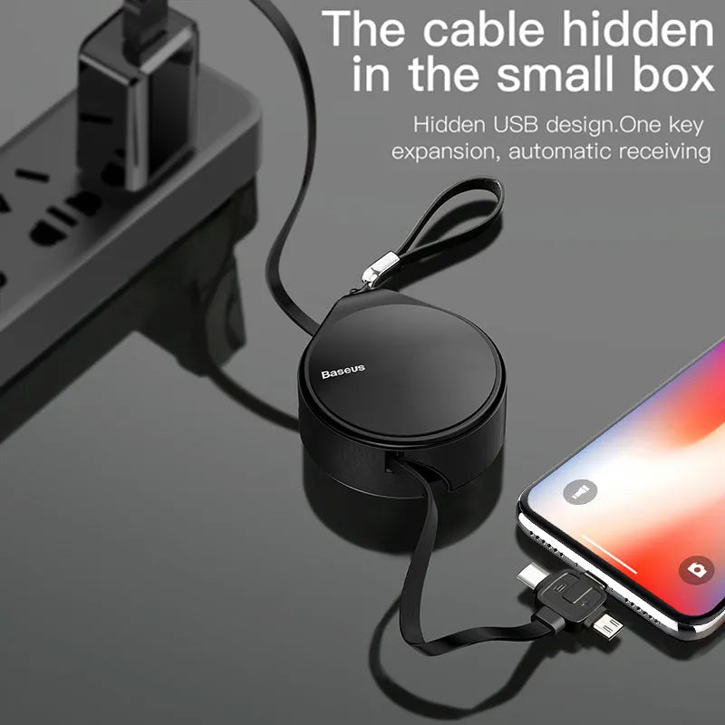 Telescopic three-in-one fast charging data cable shown extended to 1 metre length with three connector types visible