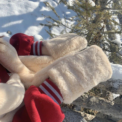 Kawaii winter scarf set with hat and gloves in grey, milky white, and light khaki