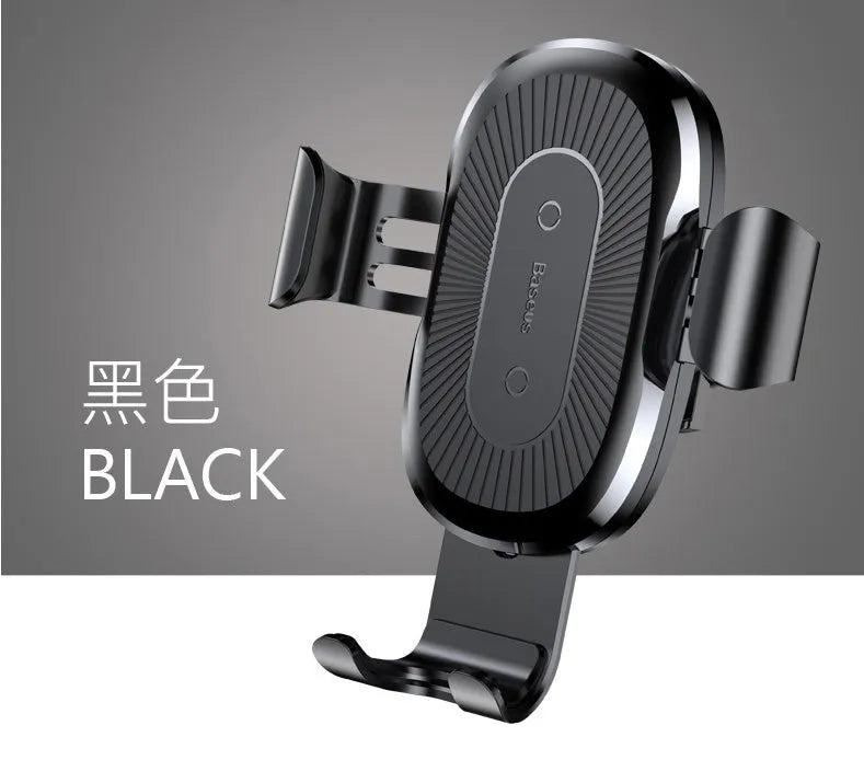 Gravity bracket wireless charging car mount with auto-clamp in black, for Samsung and Apple phones