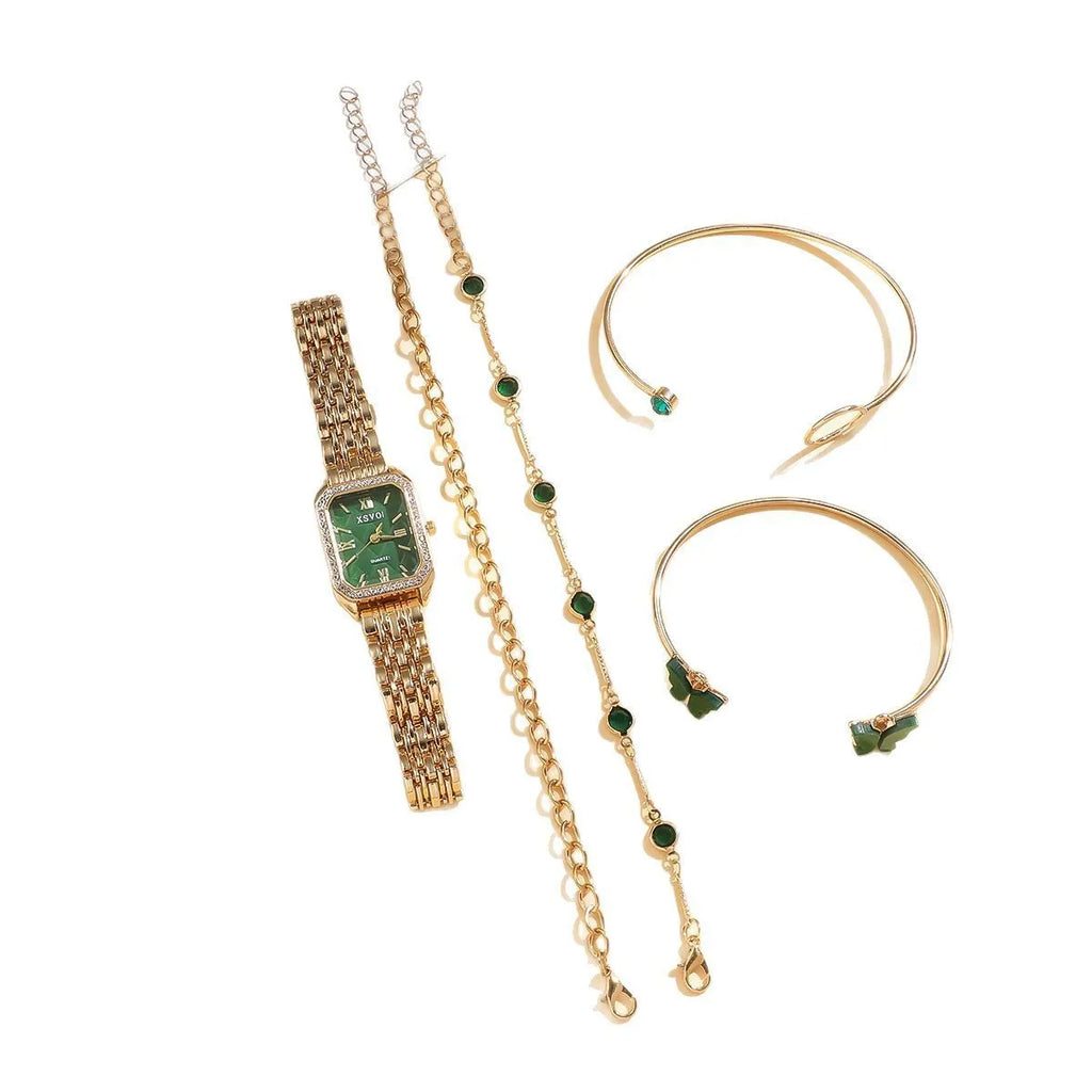 Gold green women's square watch with four matching bracelets showing 25mm dial and jewellery buckle