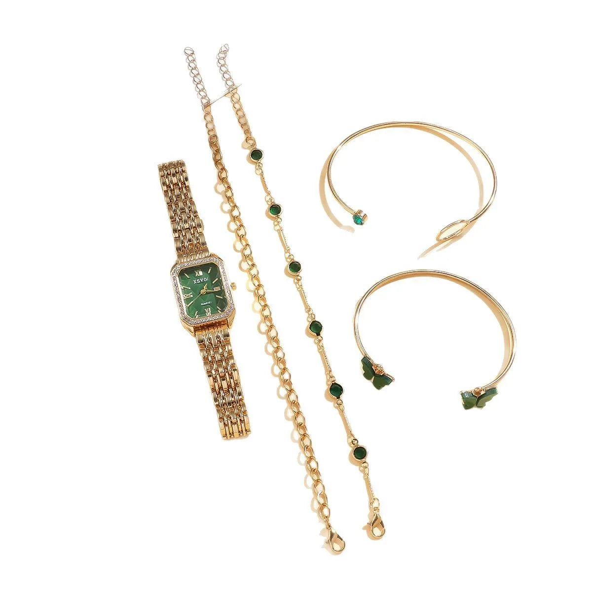 Gold green women's square watch with four matching bracelets showing 25mm dial and jewellery buckle