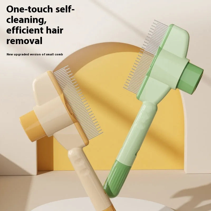 Yellow and green self-cleaning pet comb with stainless steel teeth and release button