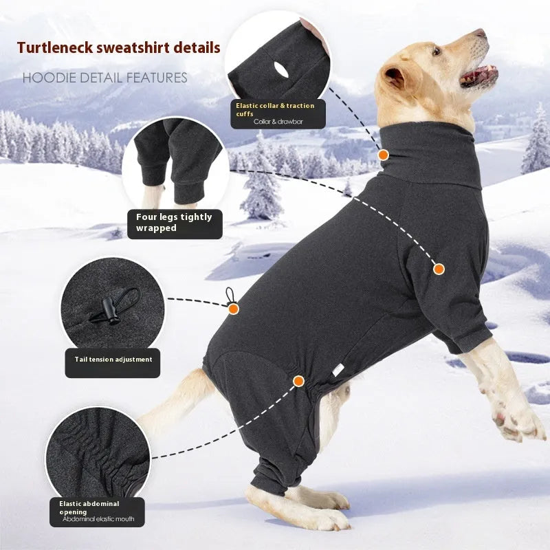 Dark grey polar fleece dog coat with a high collar on a dog, showing the size range from XS to XXXL.