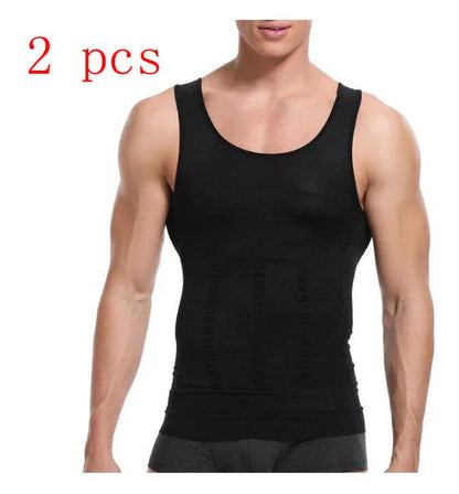 Men's black and white tummy shaping vest with U-neck design