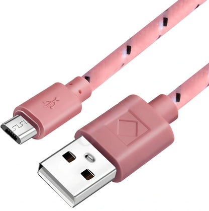 Woven nylon cloth data cable in multiple colours showing Android micro and USB-C connector options
