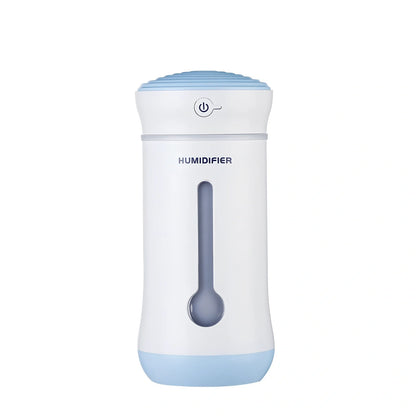 Creative car air purifier humidifier in pink, 7.6x7.6x17cm size with 300ml bottle and USB cable