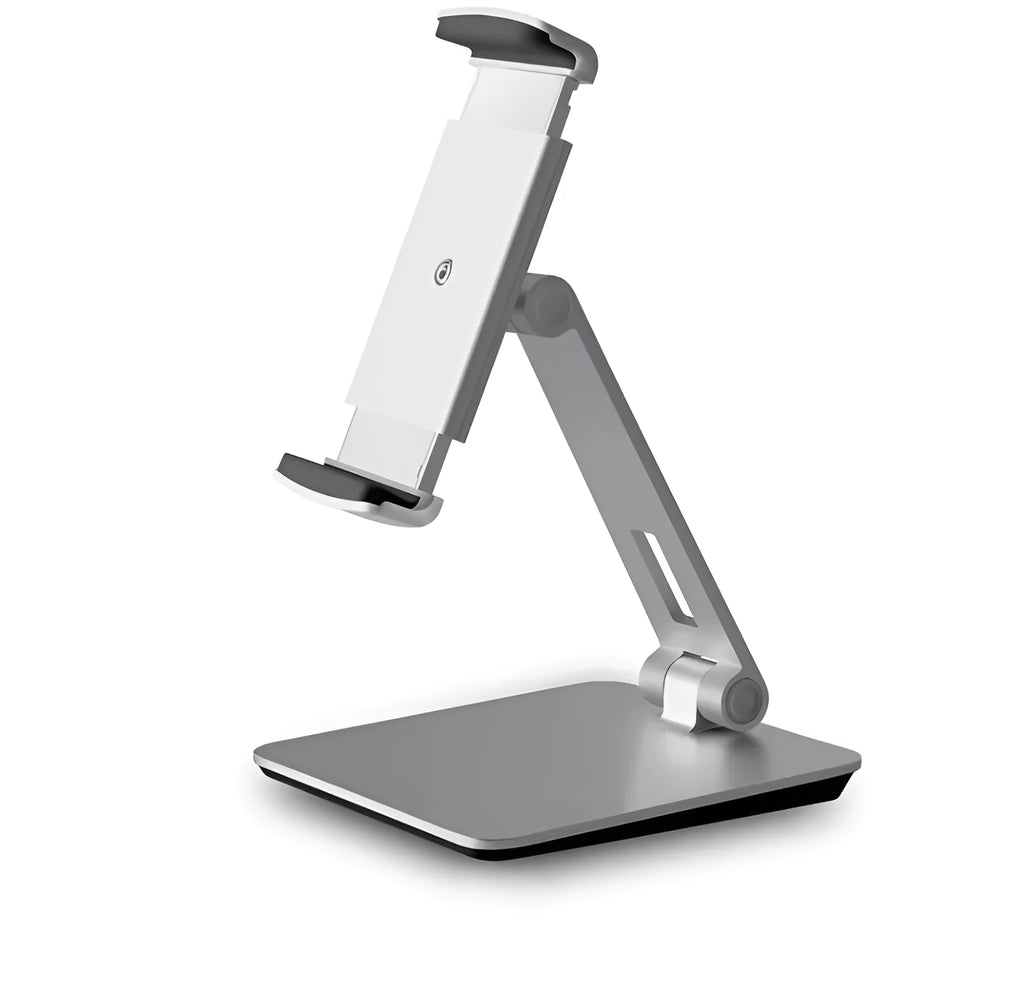 Silver aluminium foldable desktop stand holding a tablet, showing 360-degree rotation.