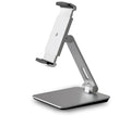 Silver aluminium foldable desktop stand holding a tablet, showing 360-degree rotation.