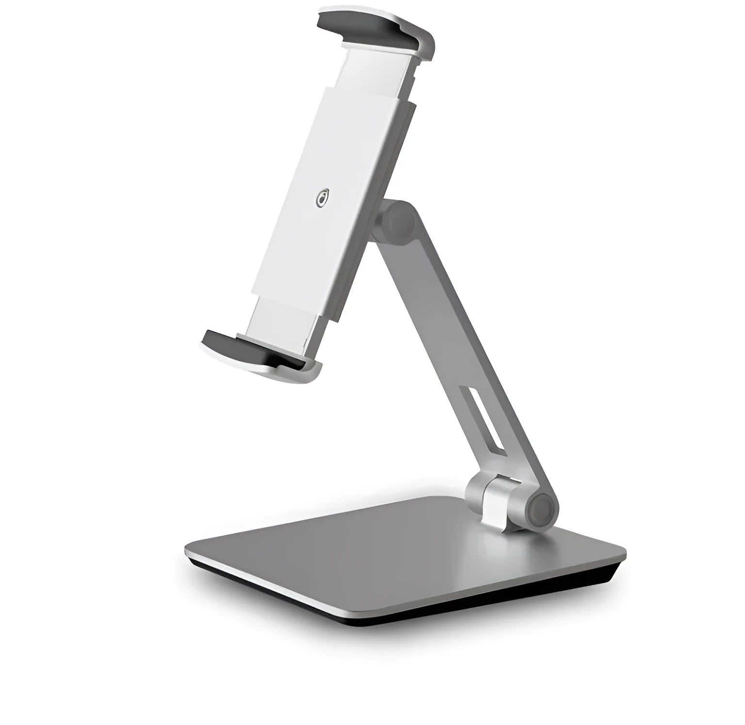 Silver aluminium foldable desktop stand holding a tablet, showing 360-degree rotation.