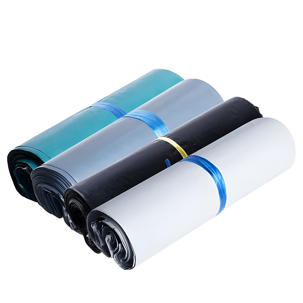 Bundle of 100 clear plastic courier clothing bags in multiple sizes with adhesive closure stickers.