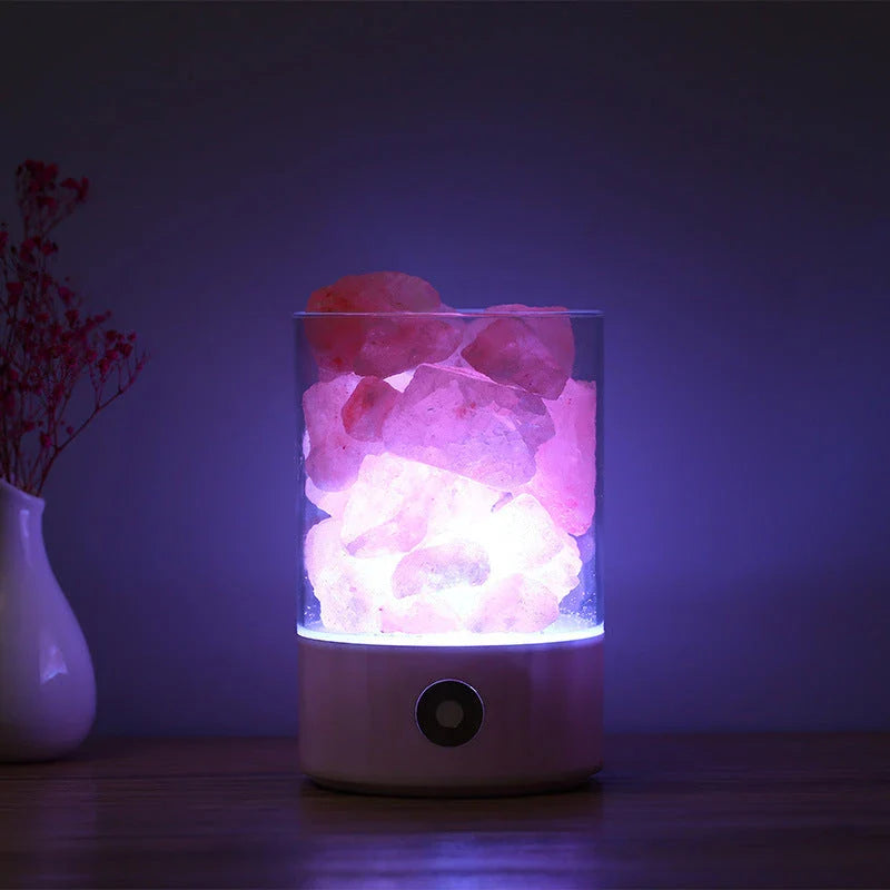 Himalayan salt lamp with natural pink-orange glow, releasing negative ions to purify the air and create a calming, relaxing atmosphere