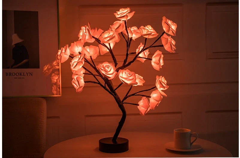 Rose Flower LED Table Lamp in white and red with USB and battery operation