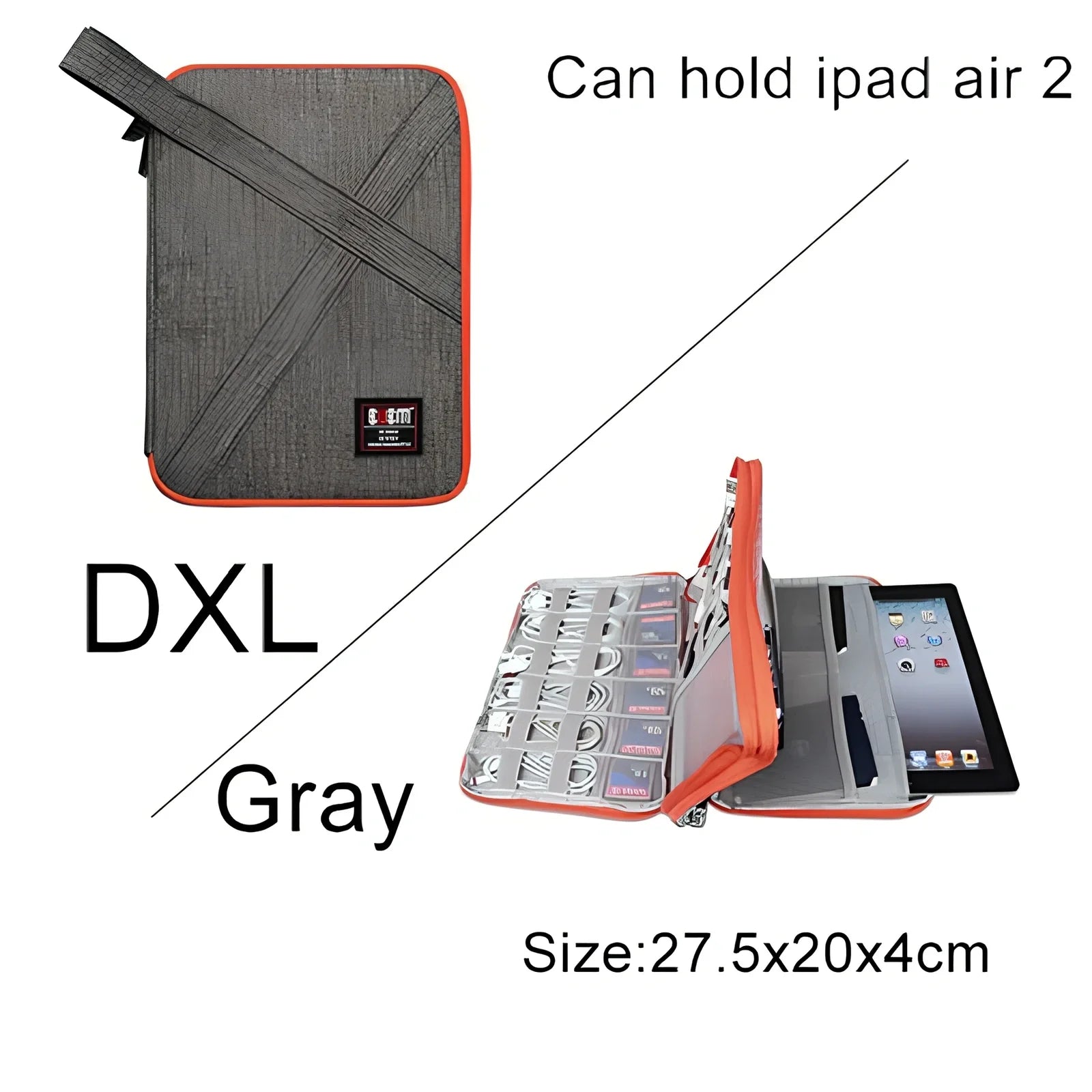 BUBM double-layer XL travel cable organizer in black, with compartments for USB, phone, charger, iPad cables, 25cm x 15cm x 10cm